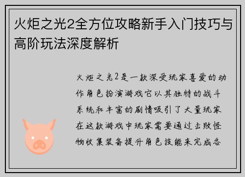 火炬之光2全方位攻略新手入门技巧与高阶玩法深度解析